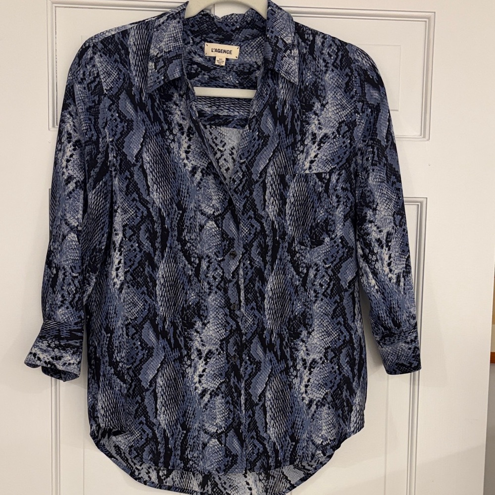 L'AGENCE Navy Snake Print Button Down Shirt
